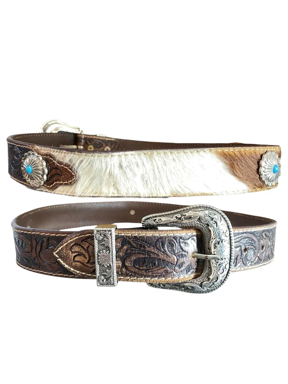 Brown Leather Western Belt Tooled Leather Hide Details Concho Details